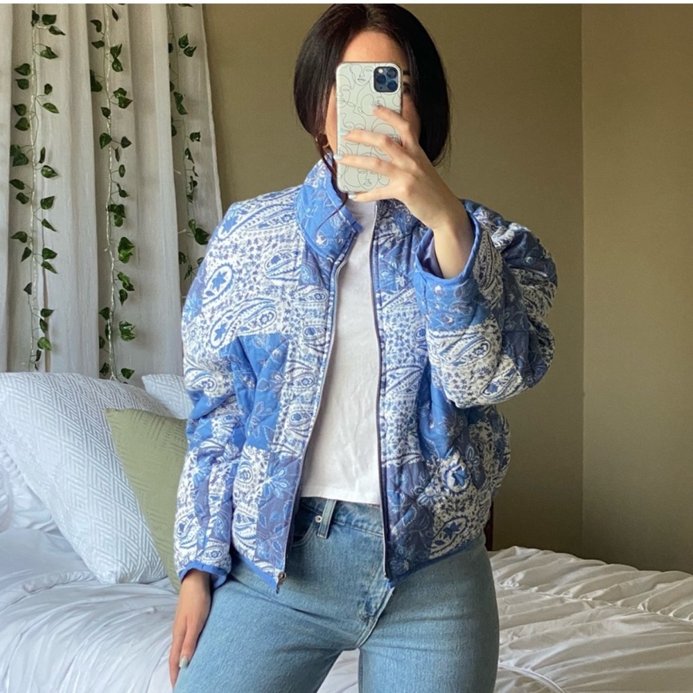 7 For All Mankind Blue and White Quilted Jacket